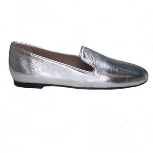 NWOB Stuart Weitzman My Guy Silver Metallic Leather Slip-On Loafers Sz 7 Narrow